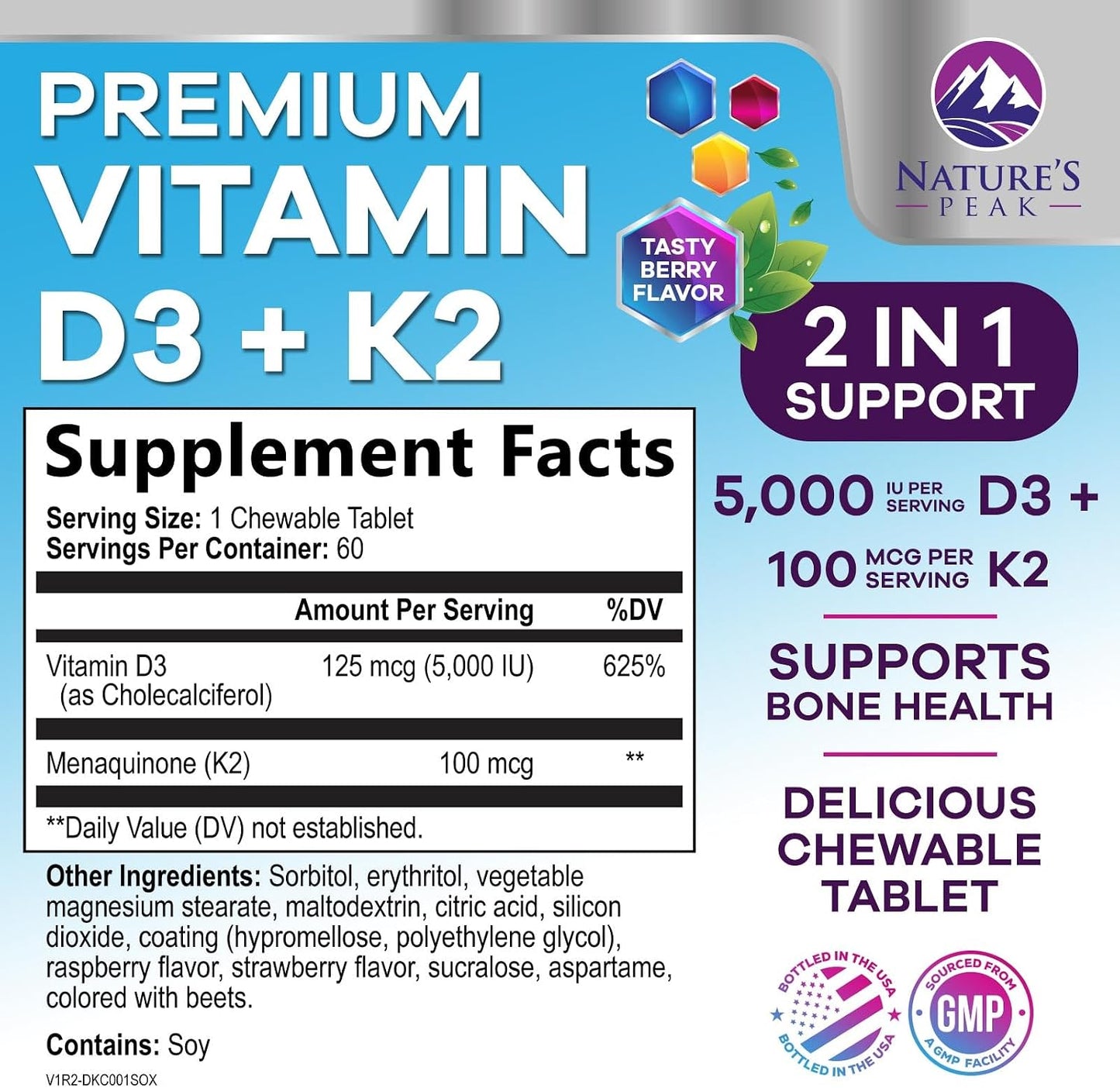 Vitamin D3 K2 5000 IU & 100 mcg MK-7 Berry Chew - 60 Chewable Tablets - görsel 2