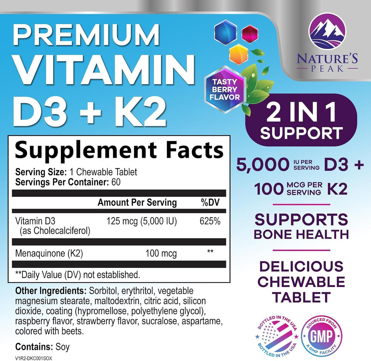 Vitamin D3 K2 5000 IU & 100 mcg MK-7 Berry Chew - 60 Chewable Tablets - görsel 2