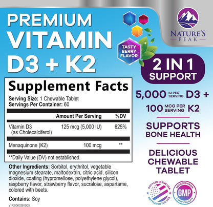Vitamin D3 K2 5000 IU & 100 mcg MK-7 Berry Chew - 60 Chewable Tablets