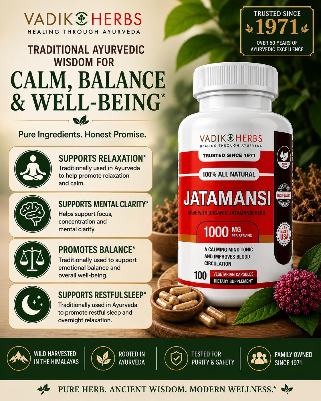 Vadik Herbs Jatamansi Capsules - 1000mg Organic Jatamansi Root for Calmness, Mental Clarity & Restful Sleep - 100 Vegetarian Capsules - görsel 2