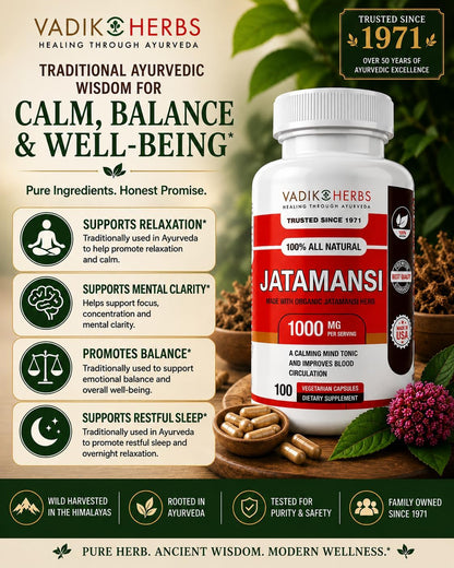 Vadik Herbs Jatamansi Capsules - 1000mg Organic Jatamansi Root for Calmness, Mental Clarity & Restful Sleep - 100 Vegetarian Capsules