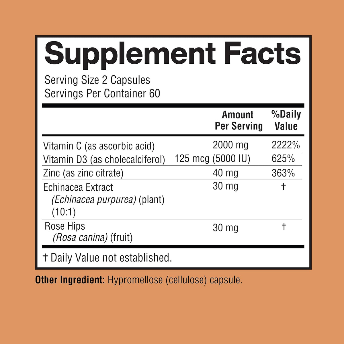 Vitamin C 2000mg per Serving with Zinc 40mg & Vitamin D3 5000 IU – Echinacea Extract & Rose Hip – 120 Vegan Capsules, 60 Day Supply, Non-GMO, No Fillers - görsel 3