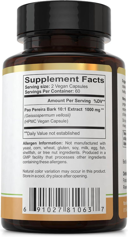 Pao Pereira Bark Extract Supplement Capsules – 10:1 Concentrate, 500mg per Capsule