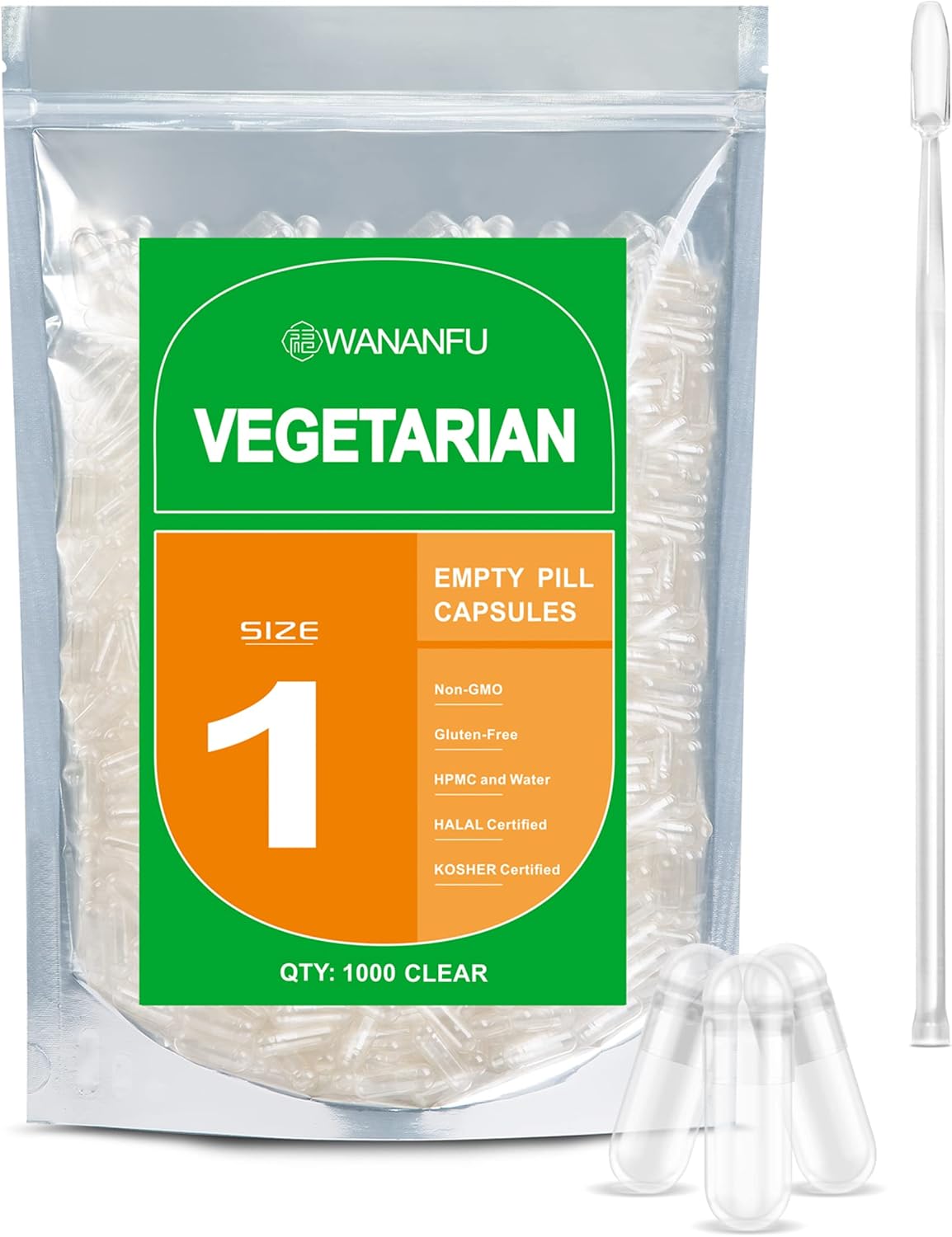 wananfu Size 1 Empty Vegetarian Capsules (1000) with Micro Lab Spoon - görsel 1