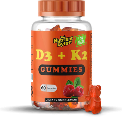 Nutrient Byte Vitamin D3 & K2 Gummies – 4000 IU D3 + 140 mcg K Blend – Immune & Bone Support – Vegan, Non-GMO & Gluten-free – 60 Berry-Flavoured Gummies – Suitable for Children
