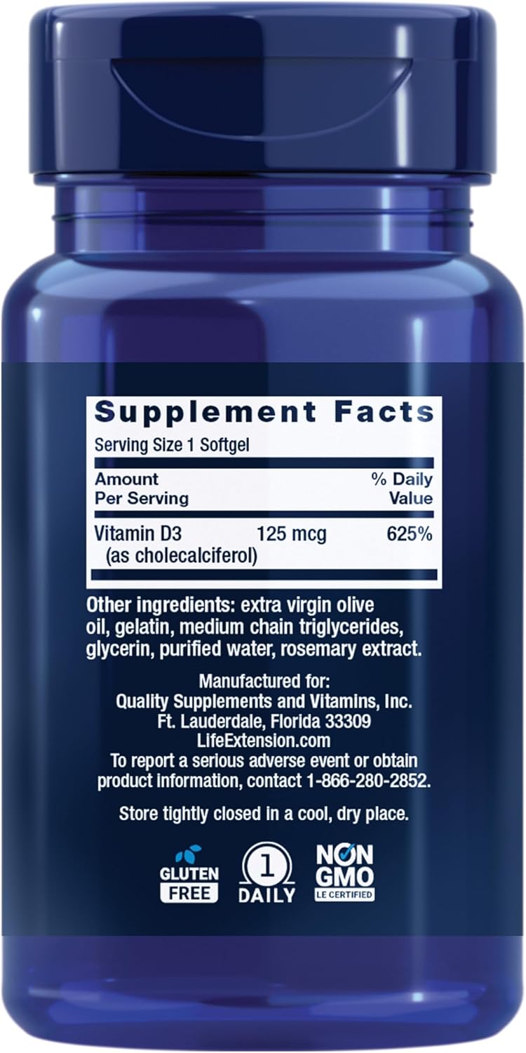 Life Extension Vitamin D3 125 mcg (5000 IU) - Bone Health & Immune Support - 60 Softgels - görsel 2