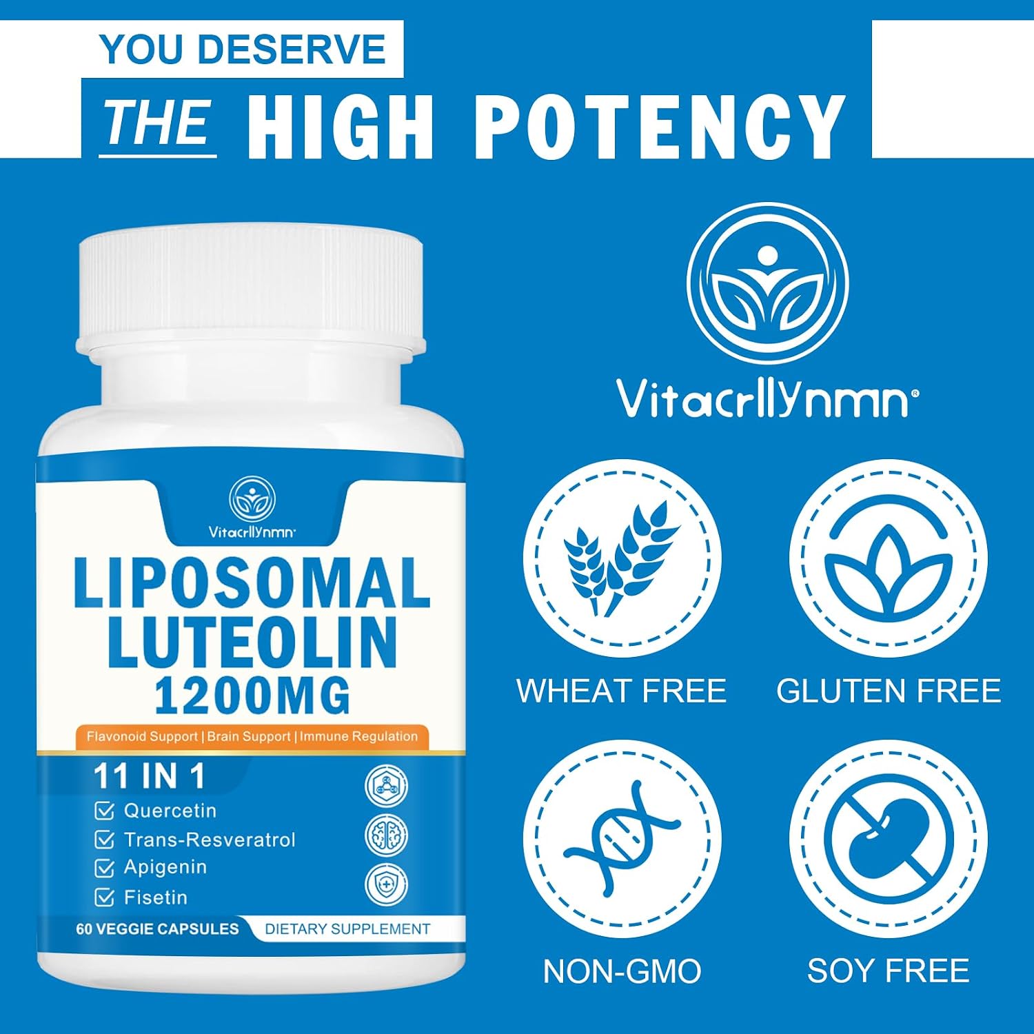 VITACRLLYNMN Liposomal Luteolin 1200mg – 11-in-1 Antioxidant Complex for Brain Health, 60 Capsules - görsel 5