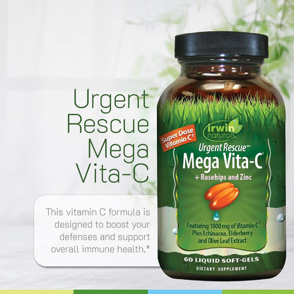 Irwin Naturals Urgent Rescue Mega Vita-C - 1,000 mg of Vitamin C - Immune Support Supplement with Rose Hips and Zinc - 60 Liquid Softgels