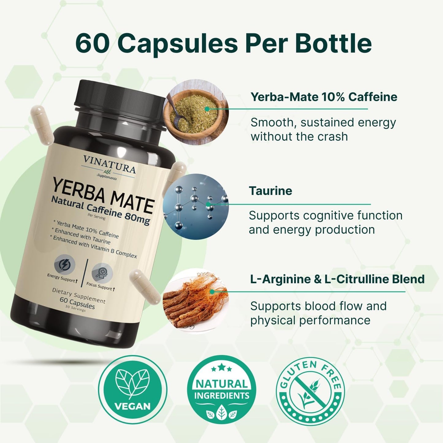Yerba Mate 1400mg - Natural Caffeine & Energy Supplement with Taurine and Vitamin B Complex - 60 Capsules - görsel 4