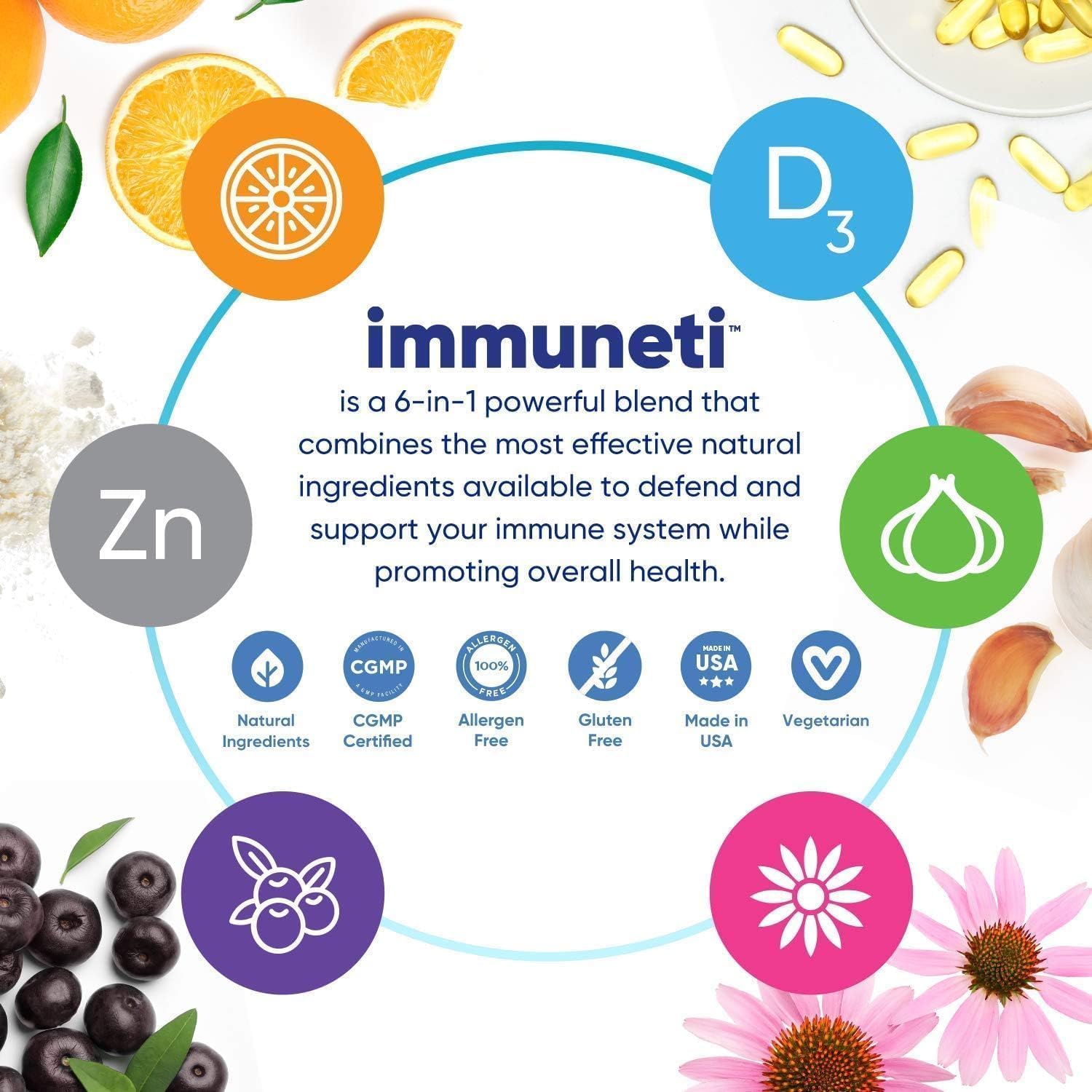Immuneti Advanced Immune Support – 6-in-1 Daily Immunity Supplement with Vitamin C, D3, Zinc, Elderberry, Garlic & Echinacea - görsel 3