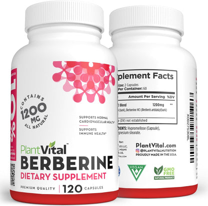 Plantvital Berberine 1200mg (per 2 Capsules) – Immune & Heart Support, 120 Capsules, Non-GM, Vegan, Gluten-free