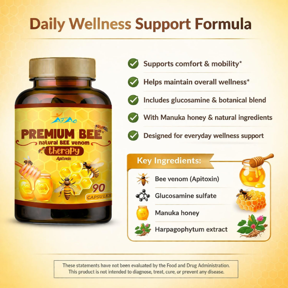 VITAMISAN Premium Natural Bee Venom with Glucosamine Sulphate - 90 Capsules - görsel 1