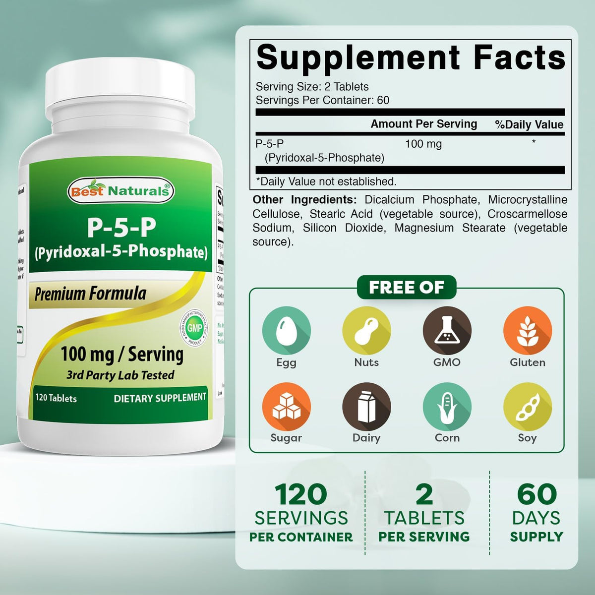 Best Naturals P5P Vitamin B6 (Pyridoxal 5-Phosphate) 100 mg – 120 Tablets - görsel 2