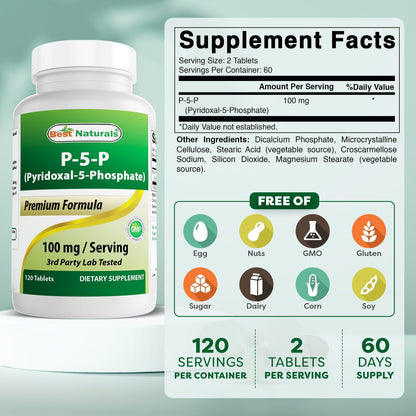 Best Naturals P5P Vitamin B6 (Pyridoxal 5-Phosphate) 100 mg – 120 Tablets