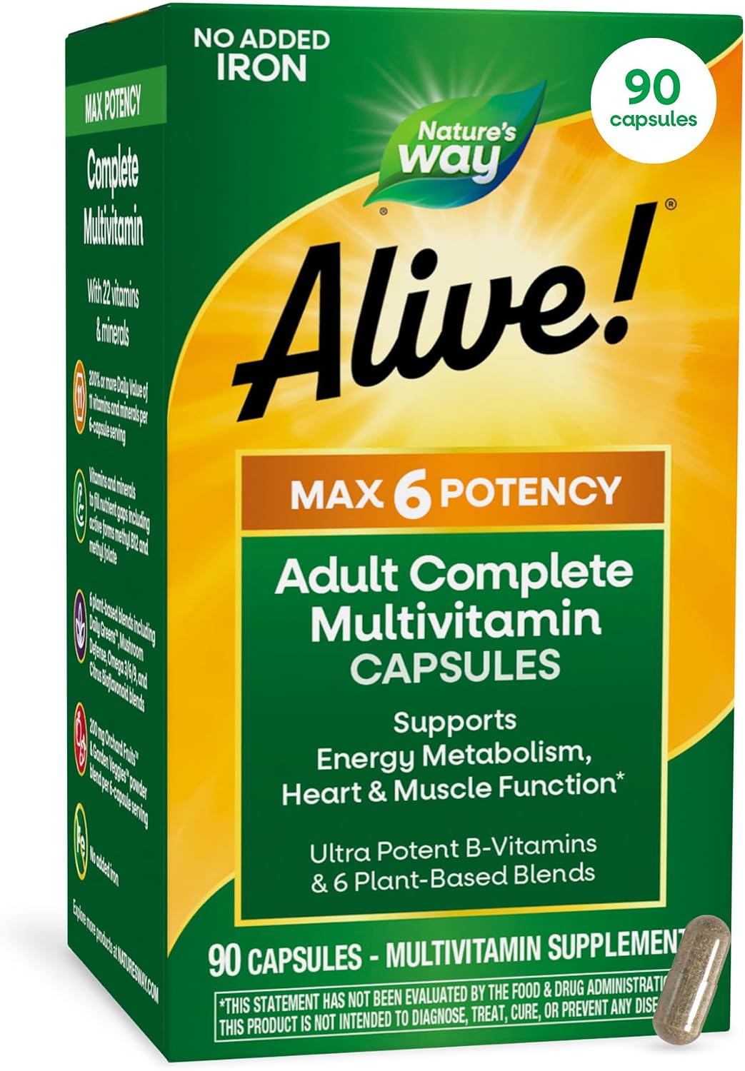 Nature's Way Alive! Max6 Potency Adult Complete Multivitamin with No Iron Added, Antioxidant Vitamins A, C, E, B-Vitamins Including Methylated B12 & Folate, Energy Metabolism Support, 90 Capsules - görsel 1