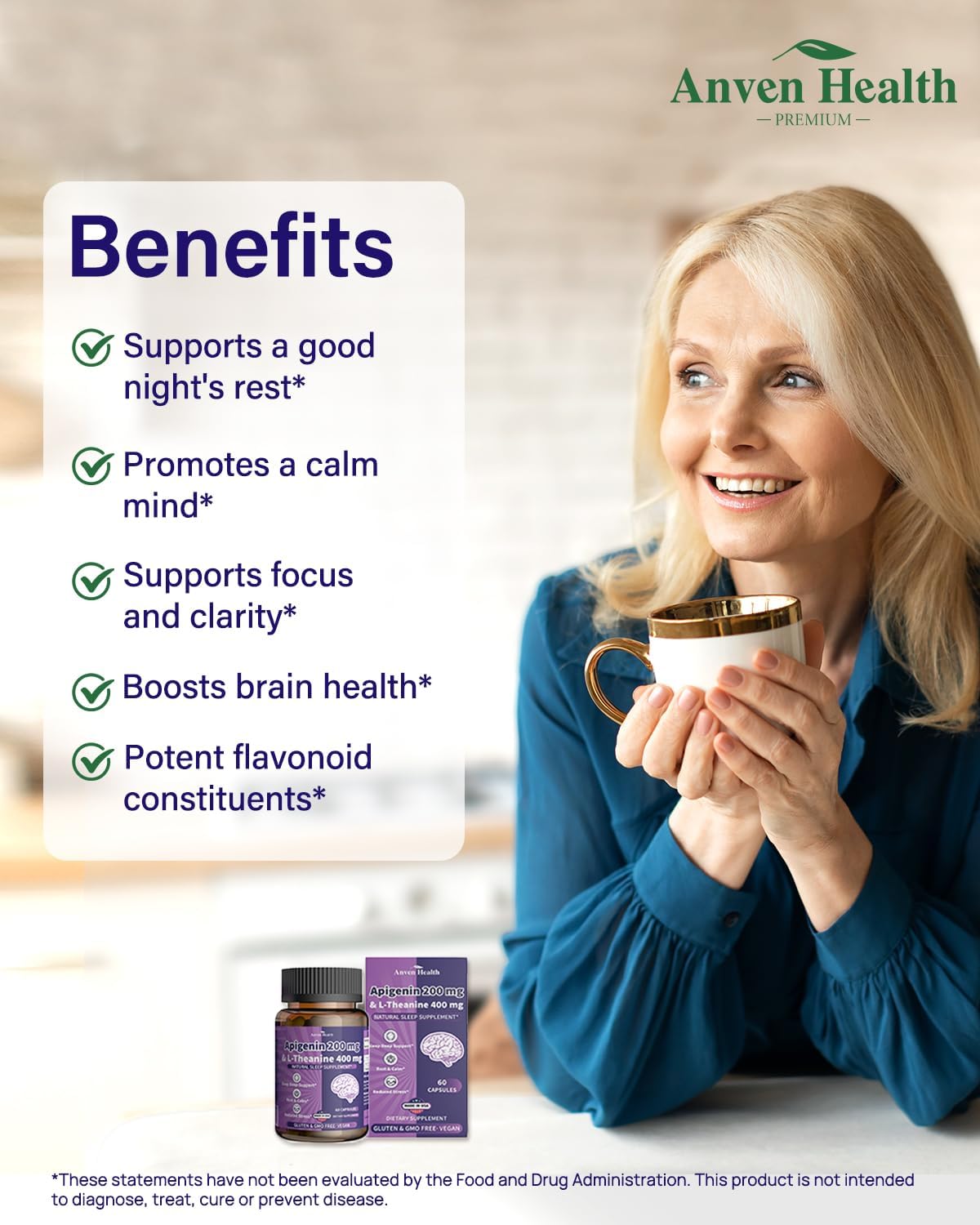 Anven Health L-Theanine 400mg with Apigenin 200mg – Natural Relaxation & Sleep Support – 180 Veggie Capsules - görsel 6