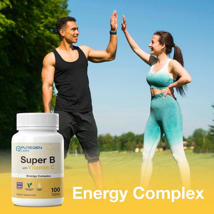 Puregen Labs Super B Energy Complex with Vitamin C - Immune Health, Energy & Nervous System Support - Non-GMO, Gluten-Free 100 Vegetarian Tablets