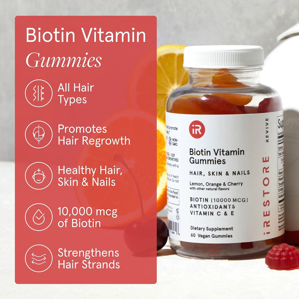 iRestore Biotin Gummies 10,000 mcg - Hair, Skin & Nails Supplement, 60 Vegan Gummies - görsel 8