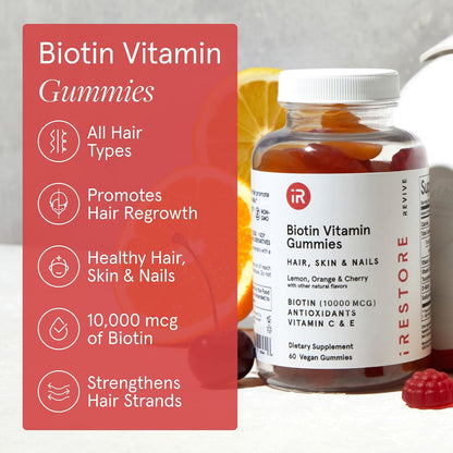 iRestore Biotin Gummies 10,000 mcg - Hair, Skin & Nails Supplement, 60 Vegan Gummies