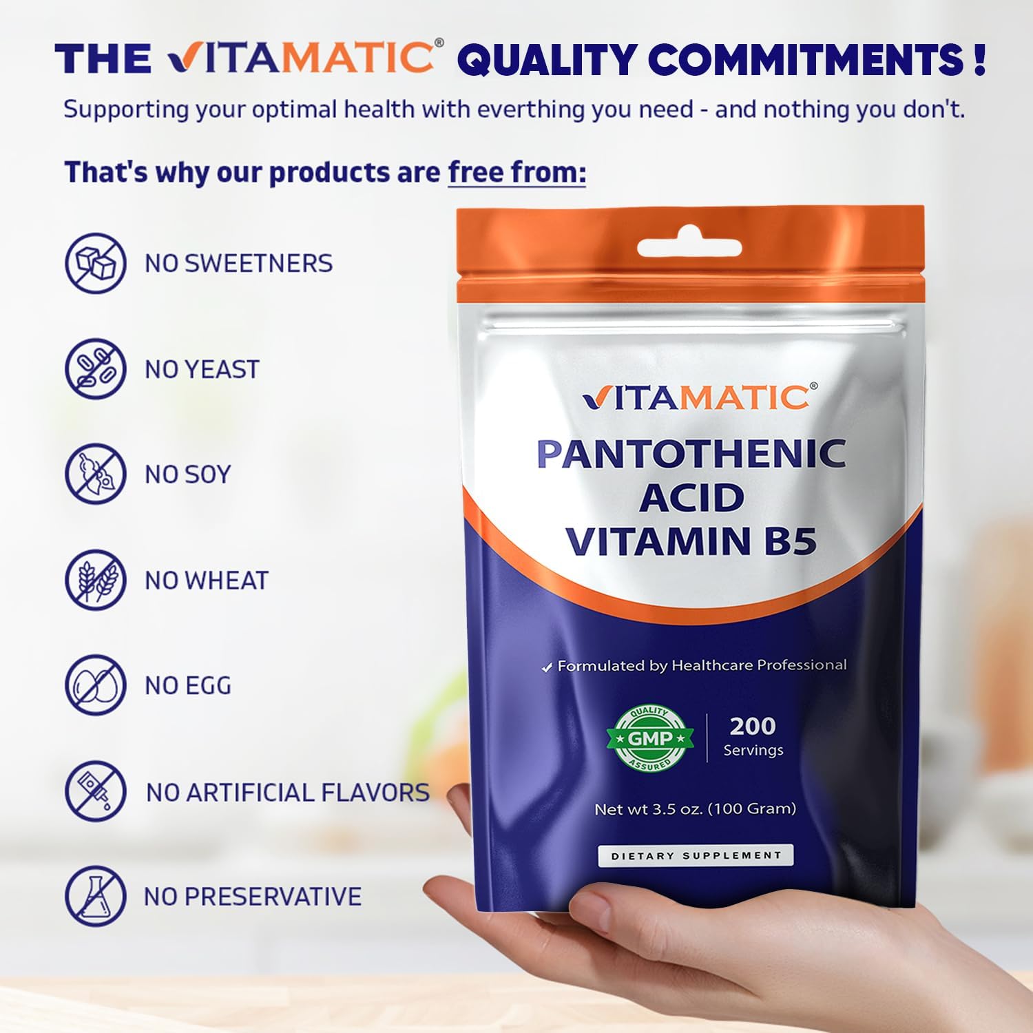 Vitamatic Pantothenic Acid Pure Powder, 500 mg per serving, 100 g (200 Servings) - görsel 6