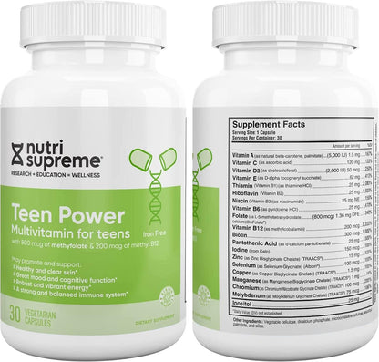 Nutri Supreme Teen Multivitamin for Boys and Girls Aged 12-17, Kosher One-a-Day Teen Supplement, Formulated for Teen Development and Immune Health, 30 Capsules