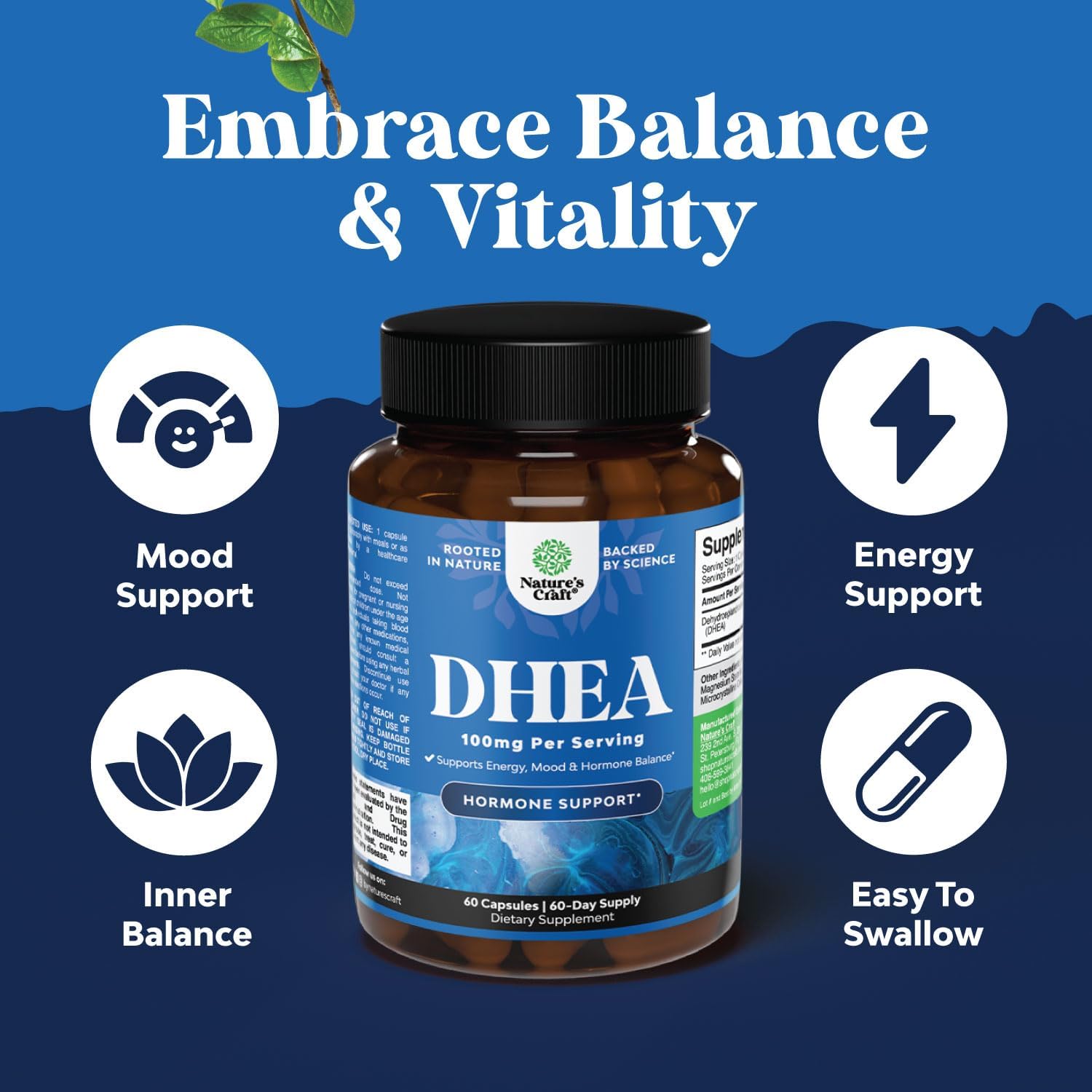 DHEA Supplement for Women & Men – 100mg per Serving – Hormone Balance Support – 60 Capsules - görsel 2