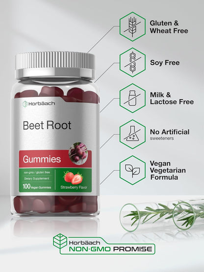 Horbäach Beet Root Gummies – Advanced Formula, 100 Count, Strawberry Flavour