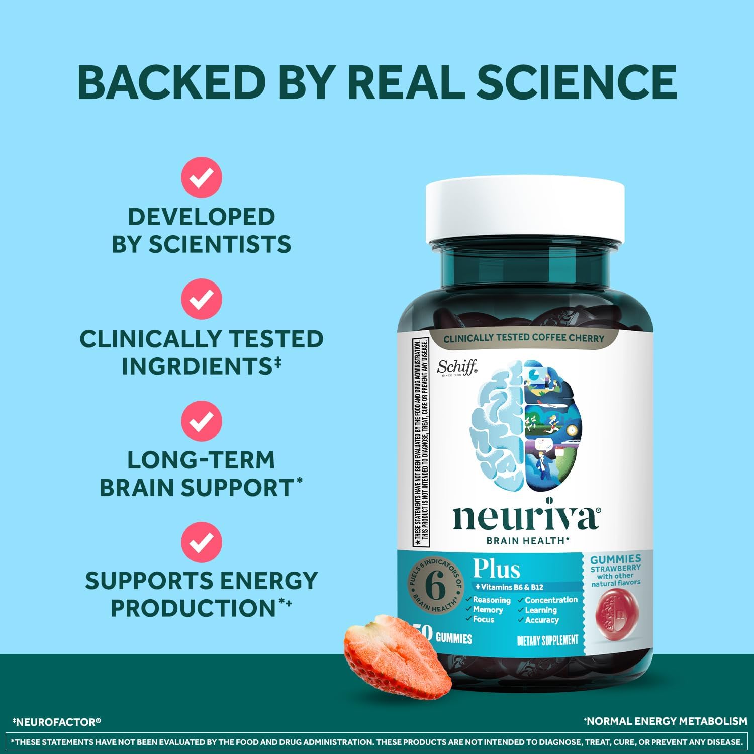 NEURIVA Plus Decaff Nootropic Brain Supplement Gummies, Strawberry, 50 Count (Pack of 2) - görsel 8