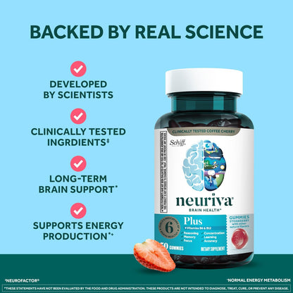 NEURIVA Plus Decaff Nootropic Brain Supplement Gummies, Strawberry, 50 Count (Pack of 2)
