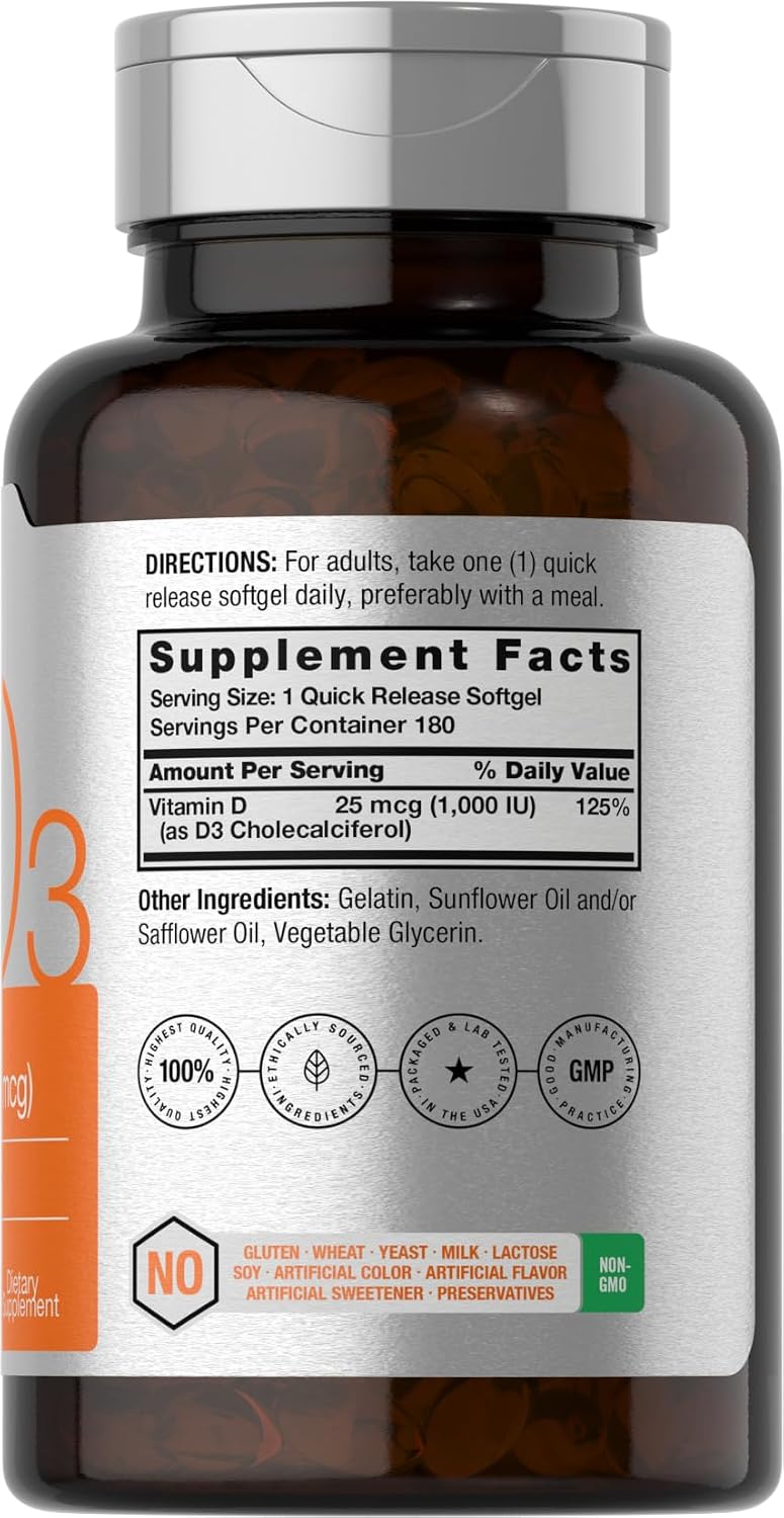 Horbäach Vitamin D3 1000IU (25mcg) Softgels | 180 Count | High Potency Formula | Non-GM & Gluten-free Supplement - görsel 2