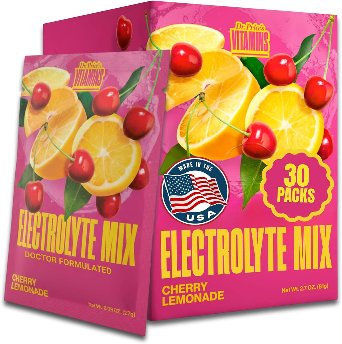 Dr. Price's Electrolytes Hydration Powder Packets – Cherry Lemonade, Sugar-Free Electrolyte Drink Mix with 72+ Trace Minerals, 30 Packets - görsel 1