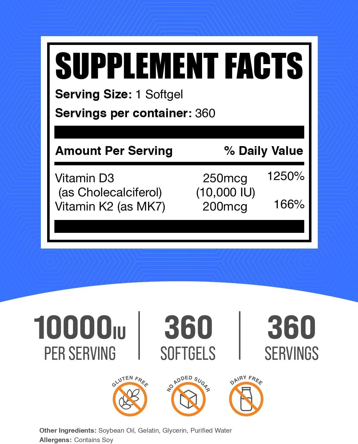 BulkSupplements.com Vitamin D3 + K2 10,000 IU Soft gel capsules - D3 & K2 Supplement for Immune Support - Gluten-free, 360 Count - görsel 2