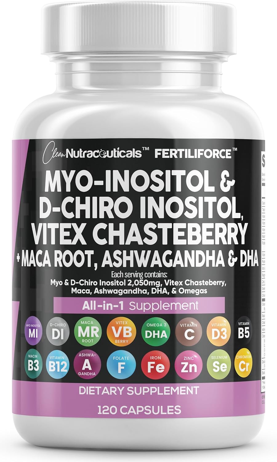 Clean Nutraceuticals Myo-Inositol & D-Chiro Inositol 2050mg Fertility Supplement 40:1 Ratio - Antenatal Vitamins for Women with Ashwagandha Maca Root Vitex Chasteberry Iron DHA Folic Acid DIM Zinc (1) - görsel 1