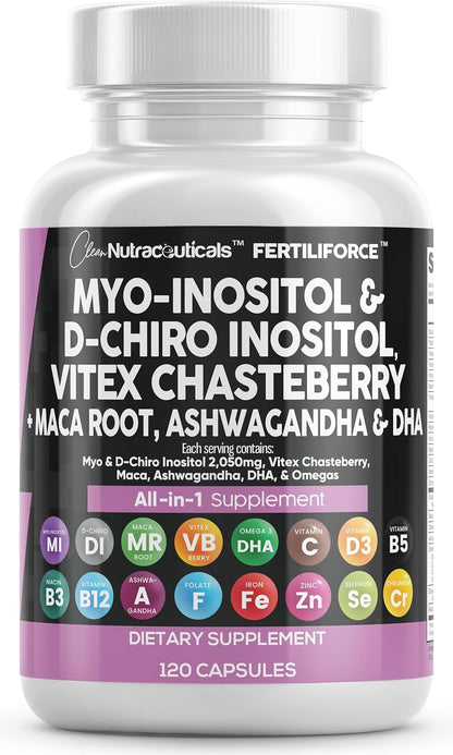 Clean Nutraceuticals Myo-Inositol & D-Chiro Inositol 2050mg Fertility Supplement 40:1 Ratio - Antenatal Vitamins for Women with Ashwagandha Maca Root Vitex Chasteberry Iron DHA Folic Acid DIM Zinc (1)