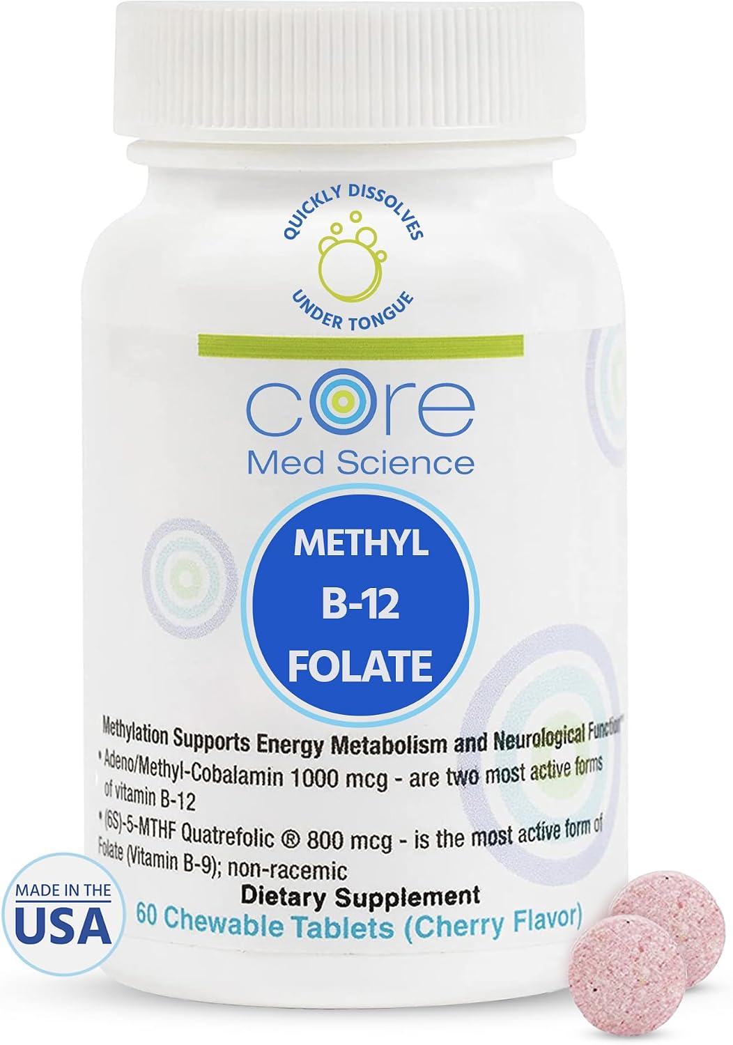 Core Med Science Methyl B12 Folate Supplement – 5-MTHF Lozenges for Mood, Cognitive Function and Heart Health - görsel 1
