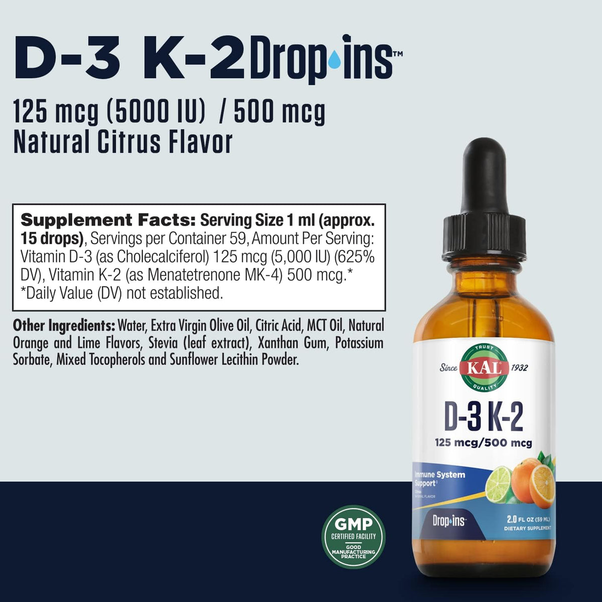 KAL D3 K2 DropIns 125 mcg / 500 mcg Liquid Vitamin D3 K2 Drops - görsel 2
