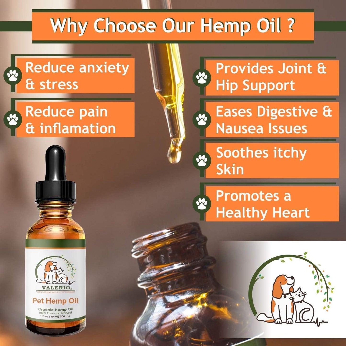 Valerio Pets Hemp Oil for Dogs and Cats - 1 Oz - Hemp Oil Drops with Omega Fatty Acids - Hip and Joint Support and Skin Health - görsel 3