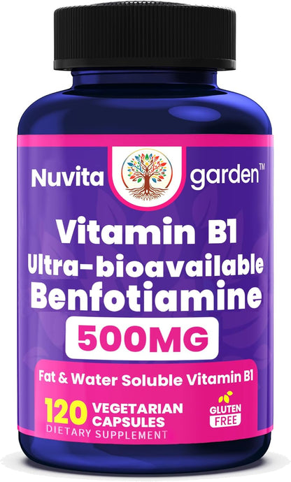Benfotiamine 500mg | 120 Vegetarian Capsules | Fat-Soluble Thiamine Vitamin B1 | Supports Normal Nervous System Function | Non-GMO | Gluten-free