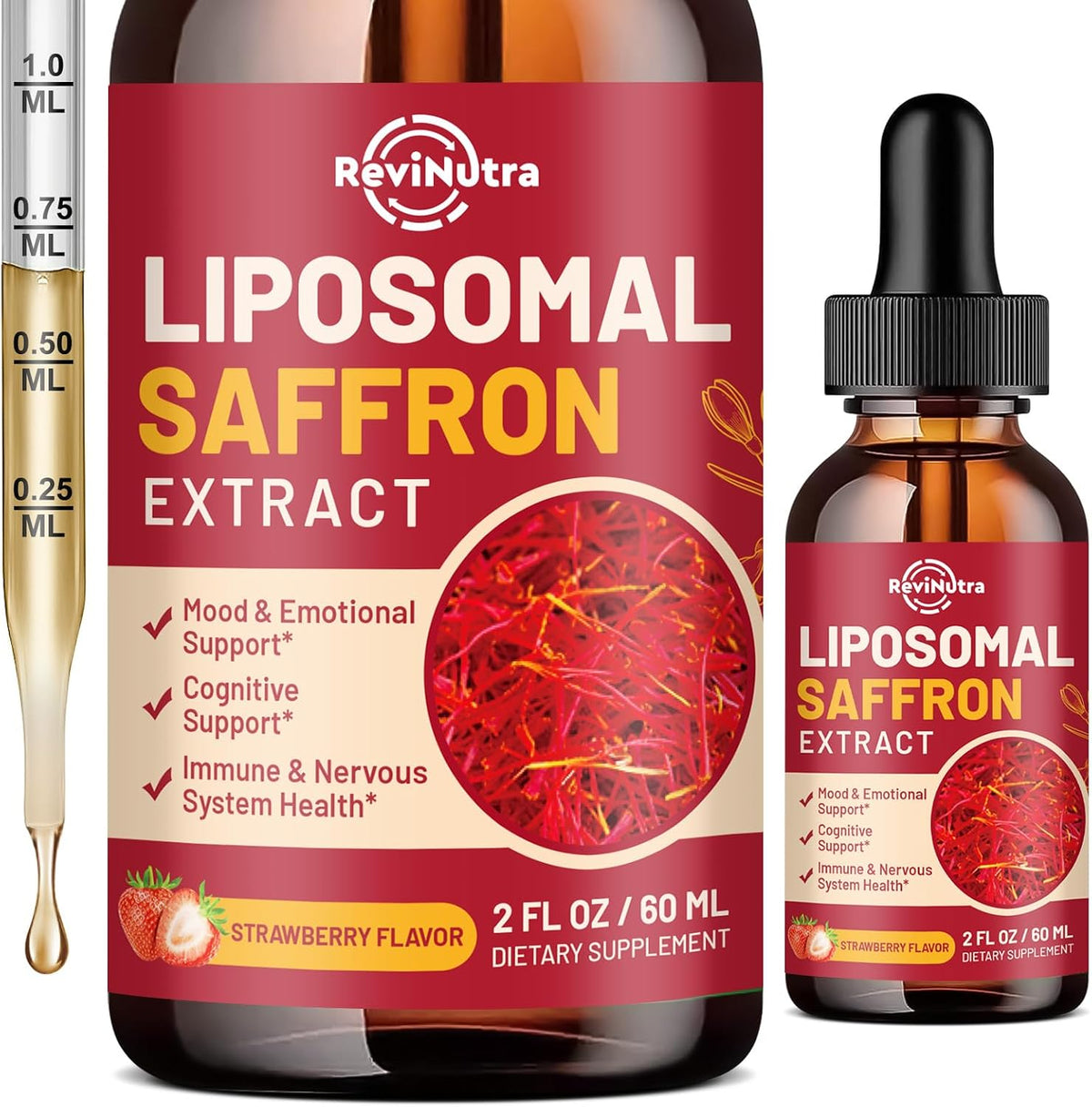 ReviNutra Saffron Liposomal Liquid Drops - 88.5mg Saffron Extract with Ashwagandha, Magnesium, L-Theanine, Zinc, B6 & D3 - Mood, Stress, Focus and Vision Support - Strawberry Flavour - 60 ml - görsel 1