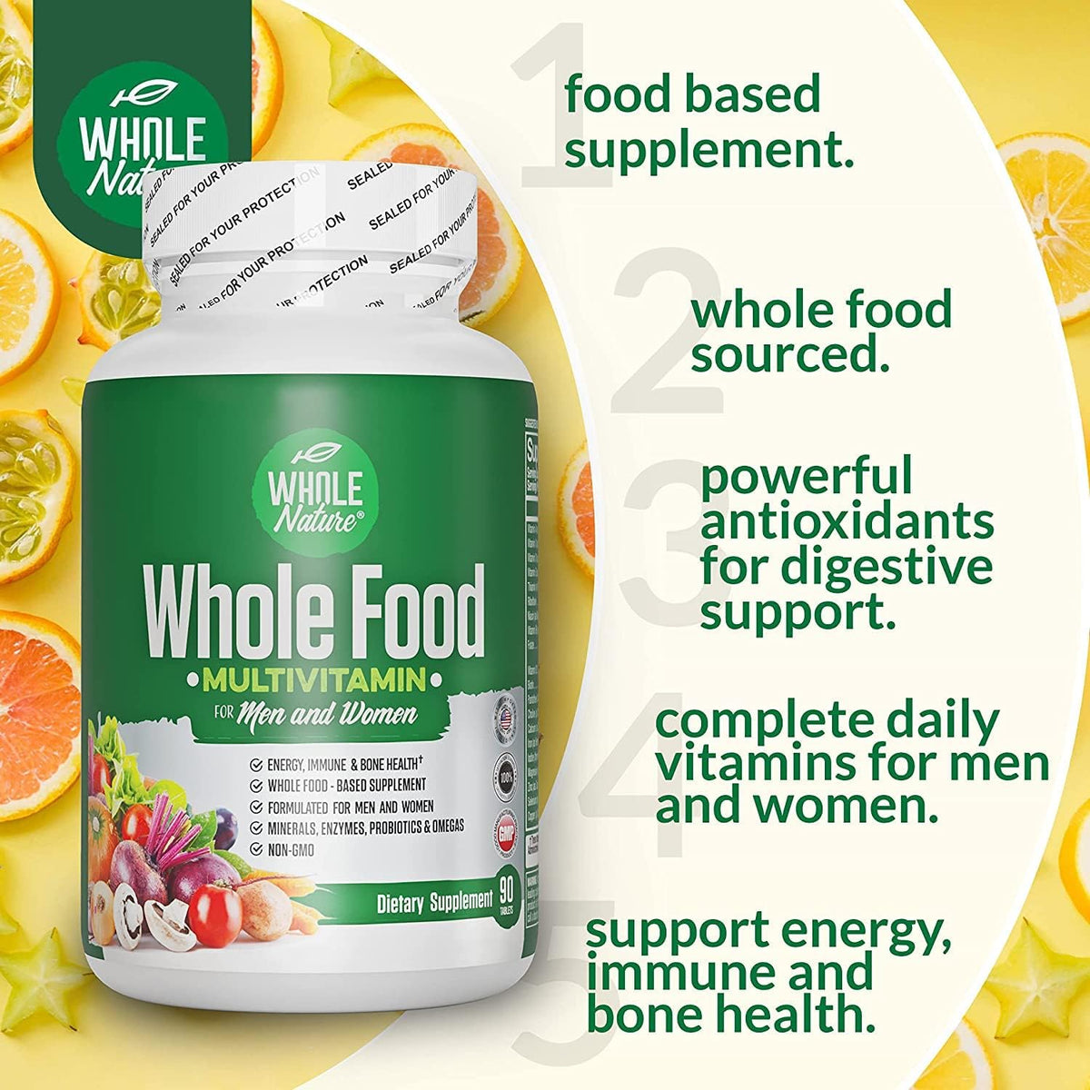 Whole Nature Whole Food Multivitamin - Complete Daily Superfood for Men and Women with Digestive Enzymes, Probiotics, and Omegas (2 Bottles) - görsel 3