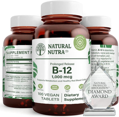 Natural Nutra Vitamin B12 1000 mcg, Cobalamin B12 Supplement, Contributes to Normal Energy Metabolism, Supports Nervous System, Vegan, Gluten Free, Sugar Free, 60 Tablets