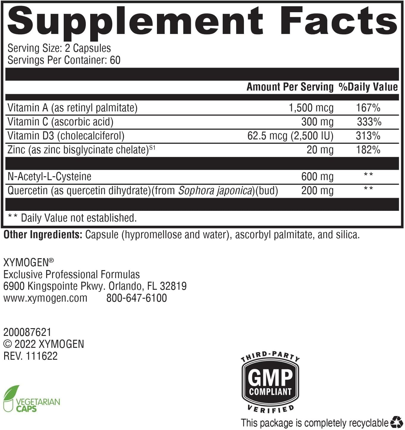 XYMOGEN Immune Essentials Daily - Vitamin C, Zinc & Quercetin - 120 Capsules - görsel 2