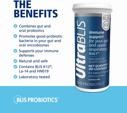 BLIS UltraBLIS Probiotic Lozenges – Immune, Gut and Oral Health, Peppermint, 40 Count