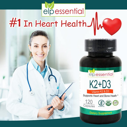 ELP ESSENTIAL Vitamin K2 with D3 Food Supplement - Bone and Heart Health, 120 Capsules