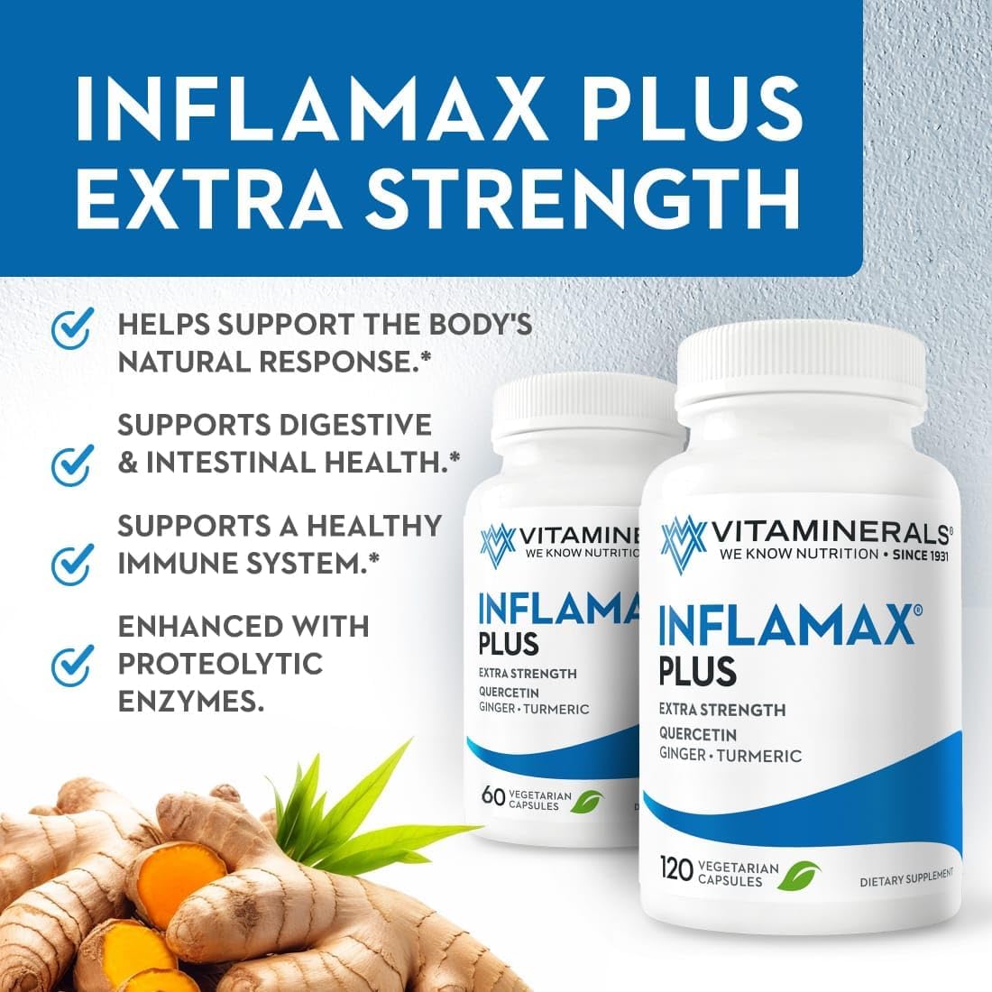 Vitaminerals® 121+ Inflamax® Plus | Quercetin | Proteolytic Enzymes | Ginger | Turmeric | Veg Caps (120) - görsel 1