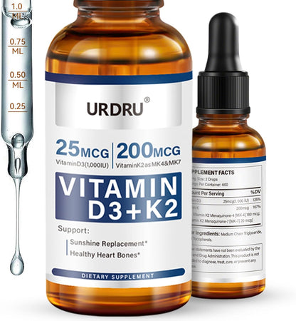 URDRU Organic Vitamin D3 K2 Liquid Drops - 1000 IU D3 & 200 mcg K2 - 30 ml Maximum Absorption Drops for Immune and Mood, Bone and Teeth Health