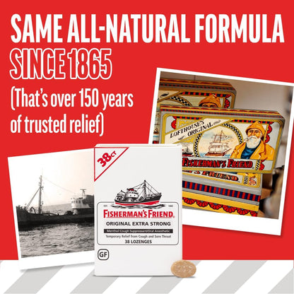 Fisherman's Friend Original Extra Strong Cough Lozenges - 10mg Menthol - 38 Lozenges per Pack (6-Pack)