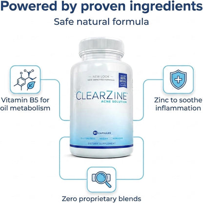 ClearZine Acne Capsules – Clear Skin Supplement for Teens & Adults | Vegan, Gluten-Free, 90 Capsules (2-Pack)