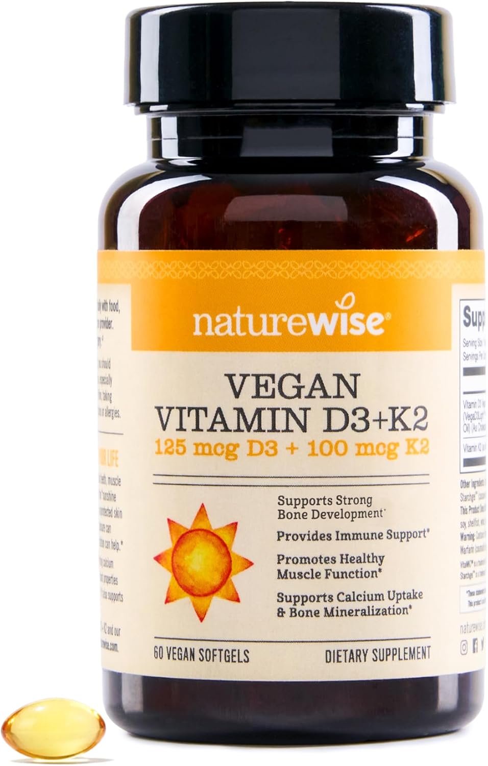 NatureWise Vegan Vitamin D3 + K2 - 5000IU D3, 100mcg K2 MK-7 - Bone Support - Organic Olive Oil - görsel 1
