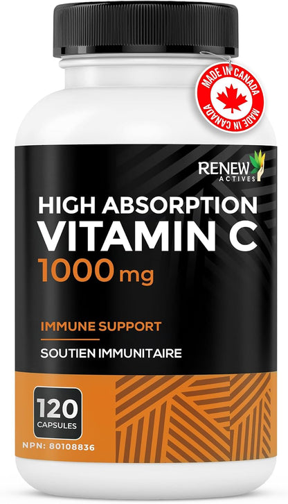 RENEW ACTIVES Maximum Strength Vitamin C 1000mg per Capsule – Antioxidant & Immune Support – Non-GMO, Sugar-Free – 120 Capsules